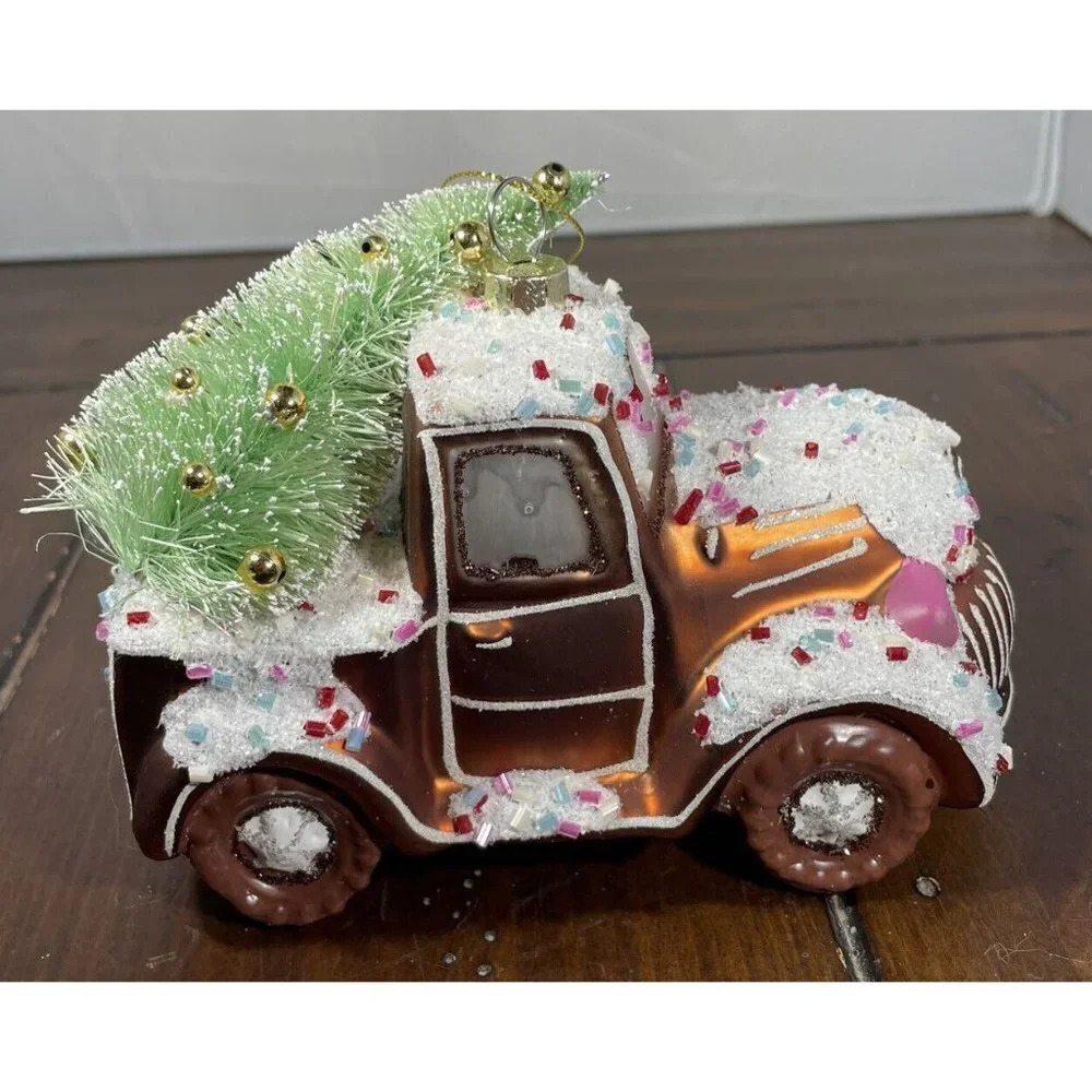 Pickup Truck Brown‎ Cupcake Sprinkles Glass Christmas Tree Holiday Ornament NWT